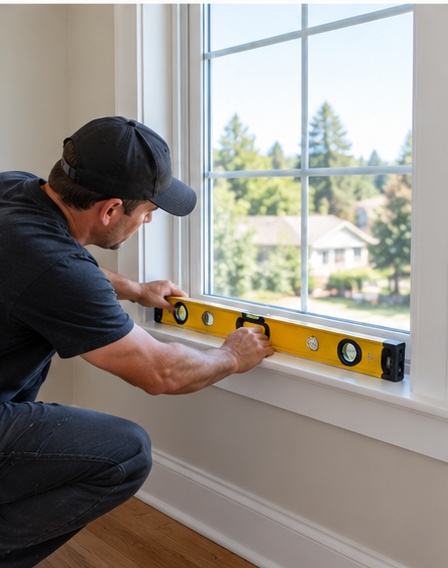 Installer checking the window sill with a spirit level