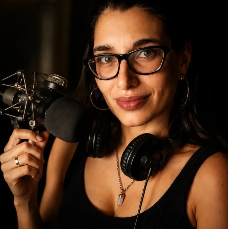 Mar Varano con micrófono y auriculares