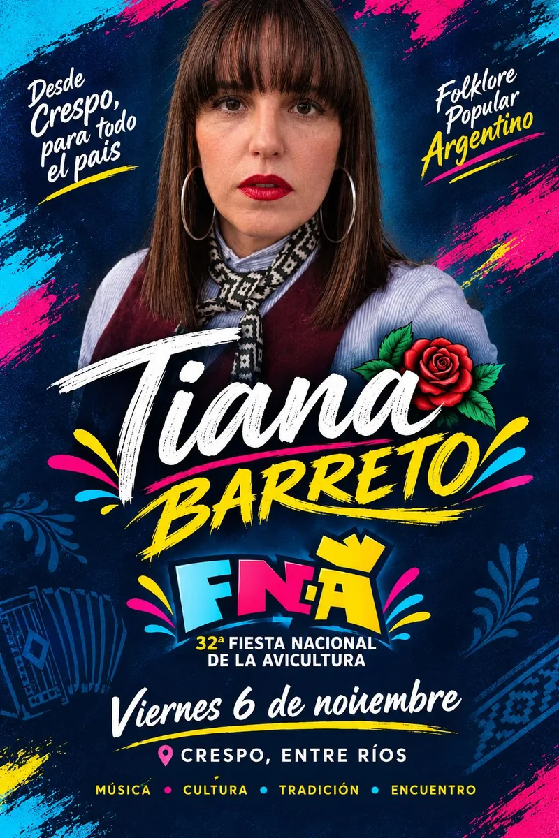 Cartel del show de Tiana Barreto en la 32ª Fiesta Nacional de la Avicultura, viernes 6 de noviembre