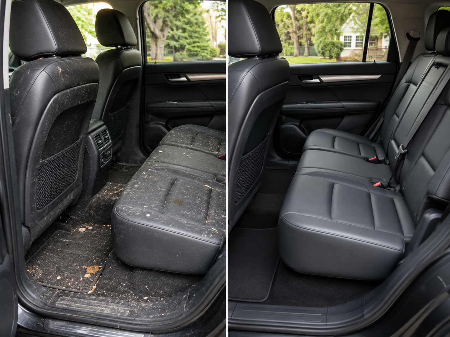 Before and after interior detailing comparison on a family car back seat in Vienna VA