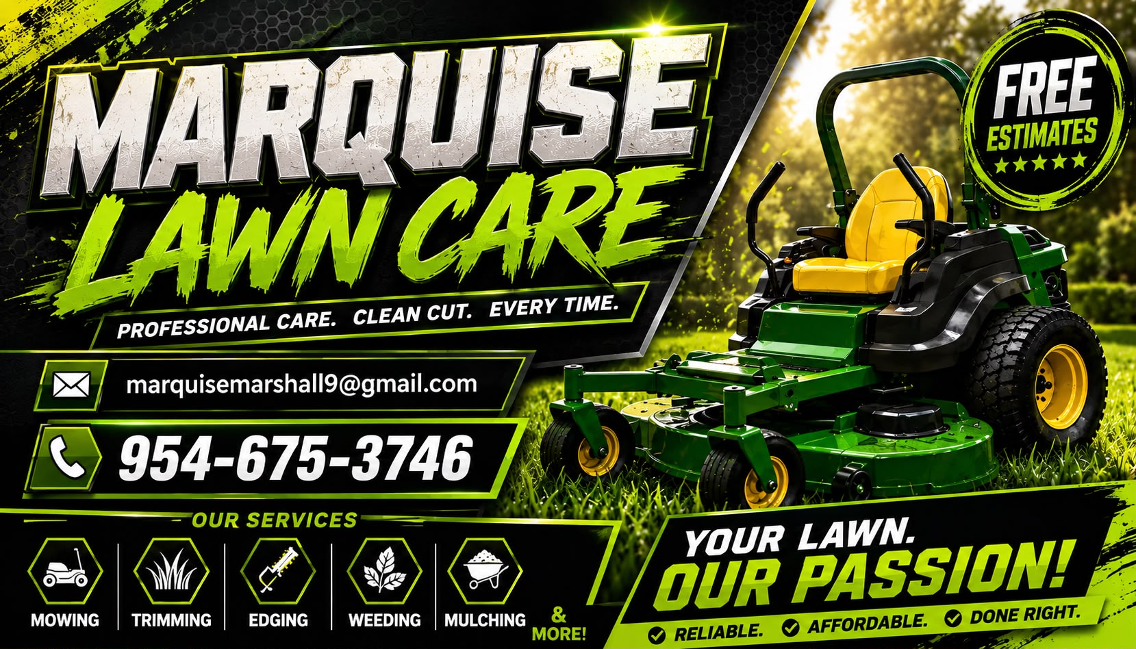 Marquise Lawn Care business flyer with mower, free estimates, phone number and services