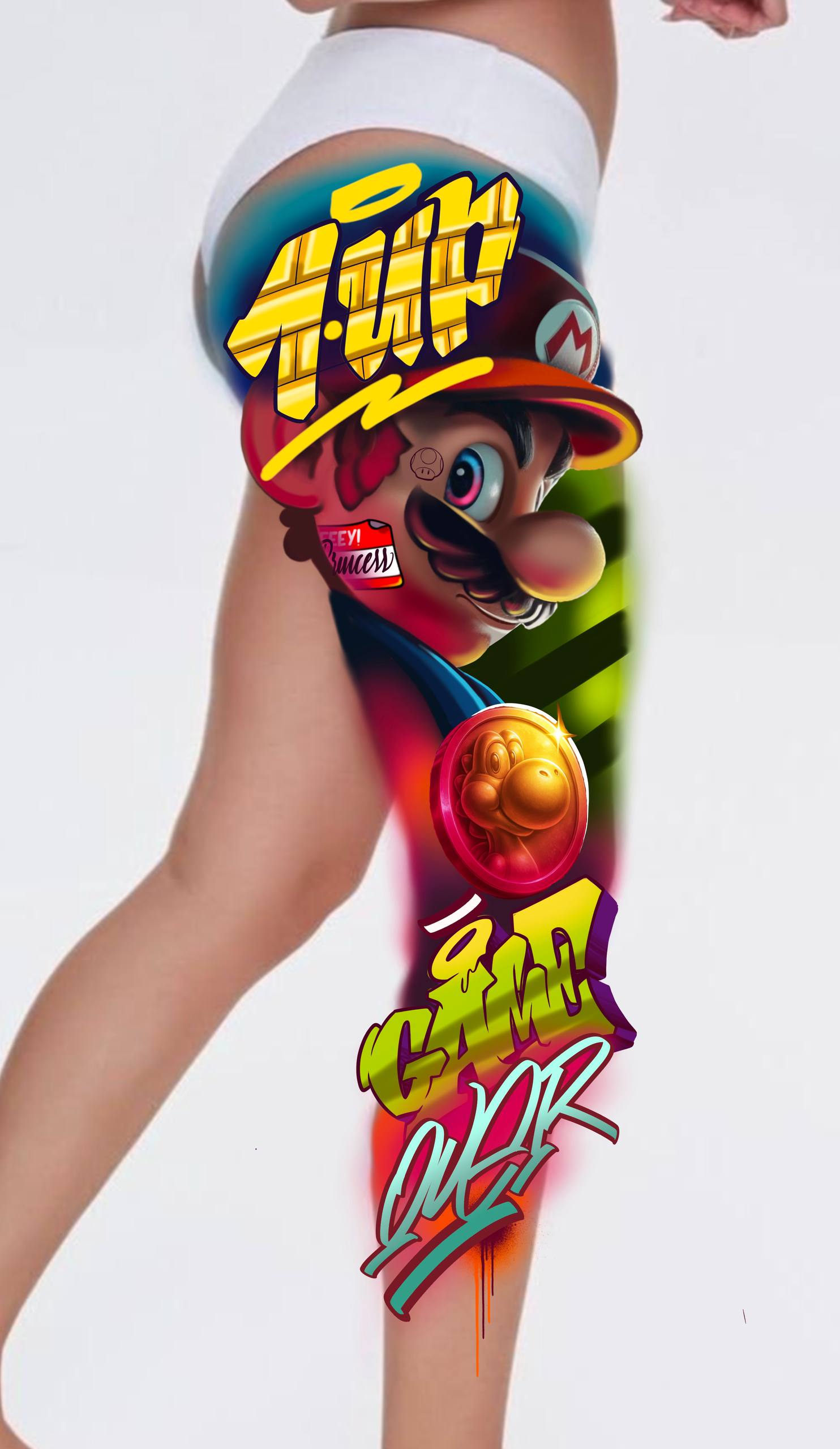 Exclusive graffiti tattoo design on the right thigh — concept preview
