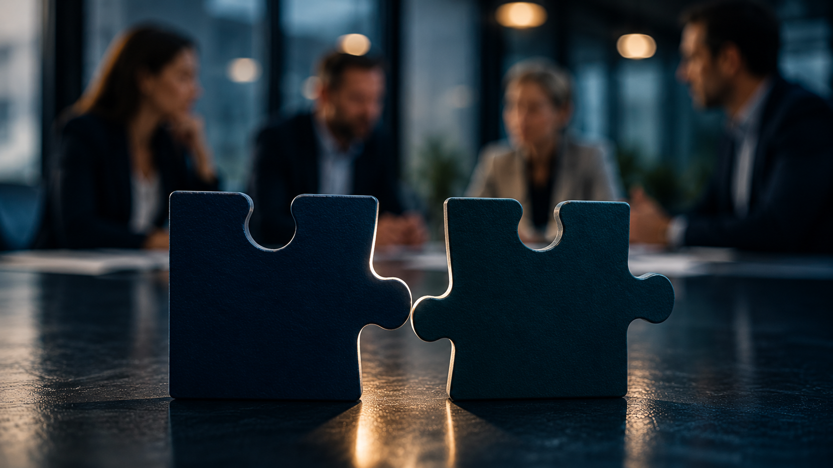 Two puzzle pieces sitting close together on a conference table with a business team blurred in the background, symbolizing communication gaps and misalignment. Two puzzle pieces sitting close together on a conference table with a business team blurred in the background, symbolizing communication gaps and misalignment.