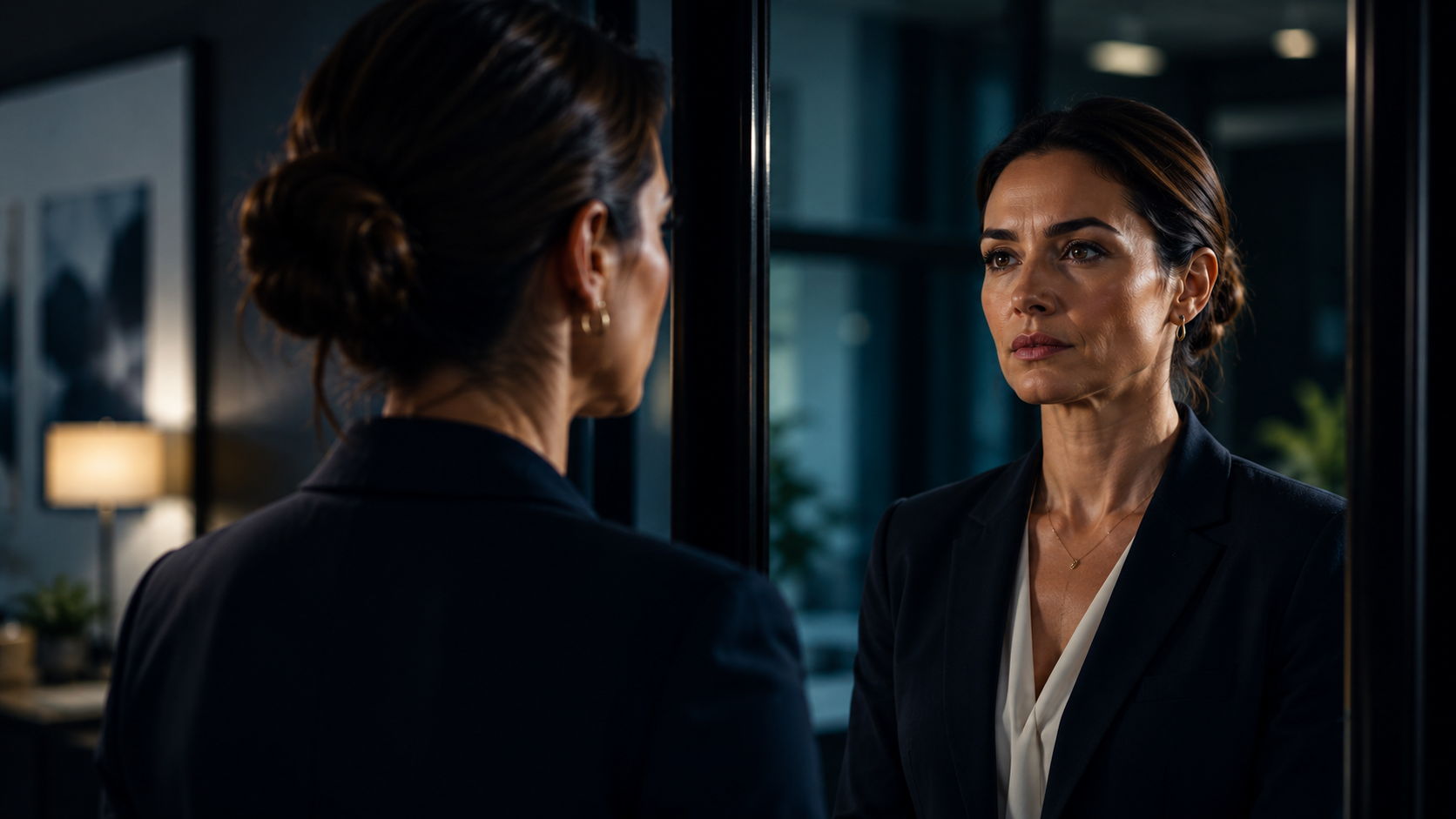 A professional leader standing in front of a mirror, thoughtfully reflecting on her emotions and reactions in a quiet office environment. A professional leader standing in front of a mirror, thoughtfully reflecting on her emotions and reactions in a quiet office environment.