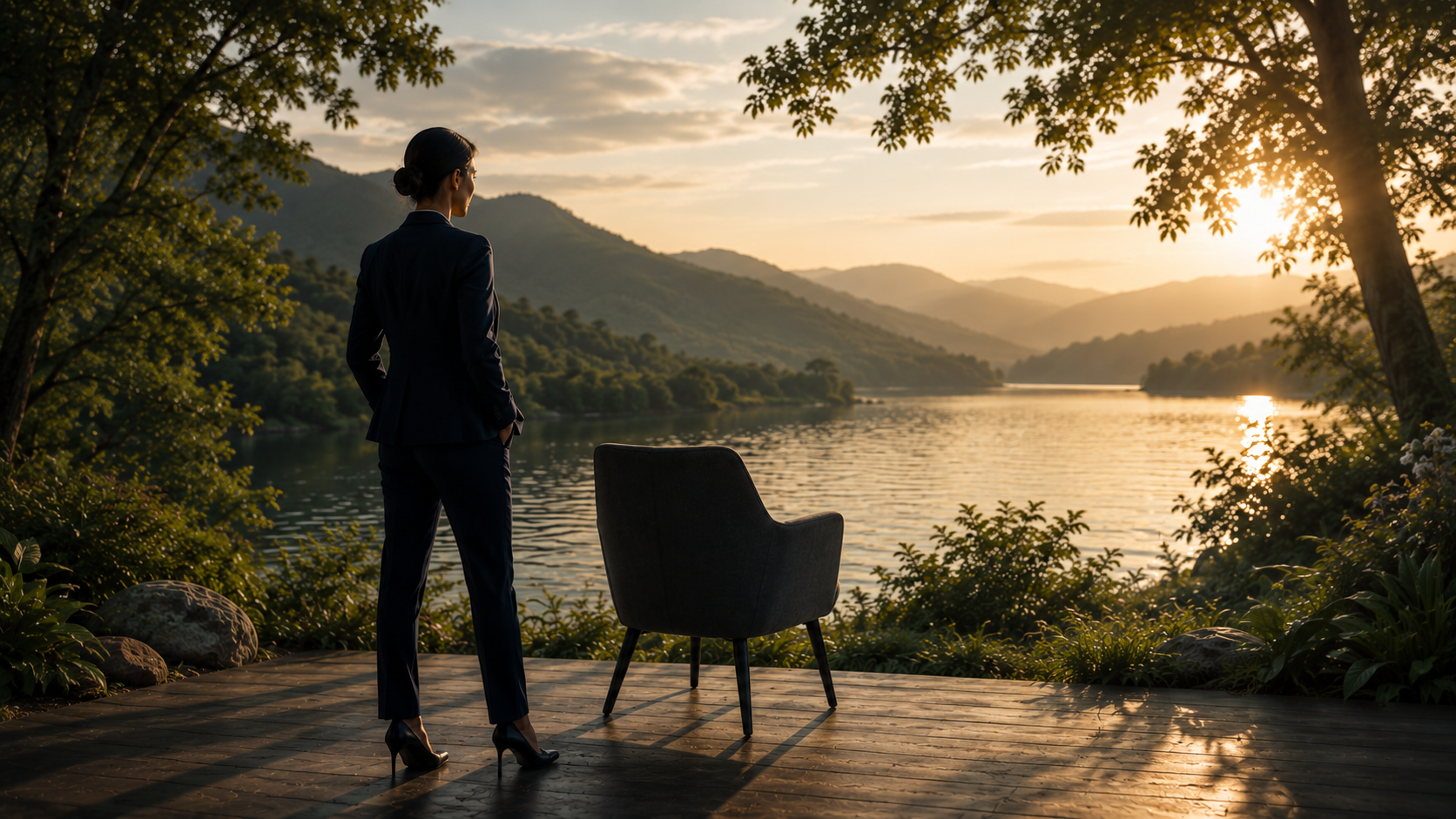 A professional woman standing beside an empty chair overlooking a peaceful lake and mountain landscape at sunset, representing reflection and perspective. A professional woman standing beside an empty chair overlooking a peaceful lake and mountain landscape at sunset, representing reflection and perspective.
