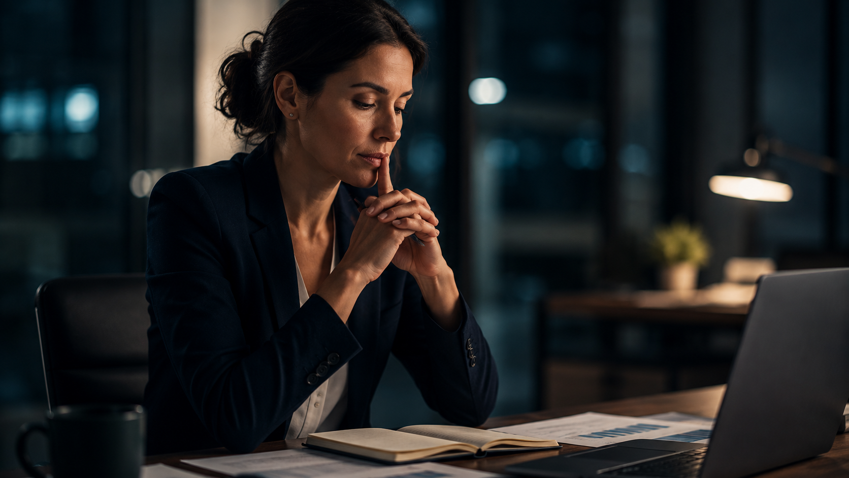 A business leader sitting thoughtfully at her desk, reviewing information and reflecting before making a decision. A business leader sitting thoughtfully at her desk, reviewing information and reflecting before making a decision.