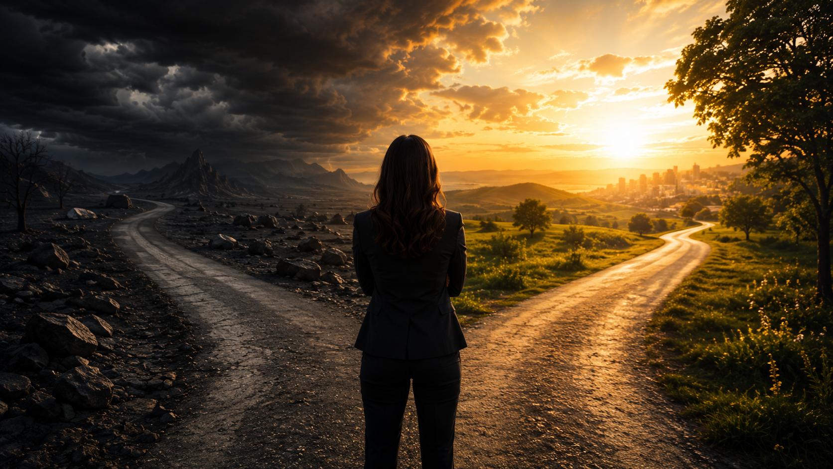 A professional leader standing at a fork in the road between a dark, barren landscape and a bright, thriving future, representing the choices leaders make through their focus and attention.