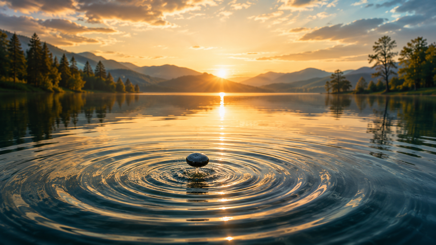 A stone creating expanding ripples across a calm lake during sunrise, symbolizing the growing influence of leadership attention and behavior throughout an organization.
