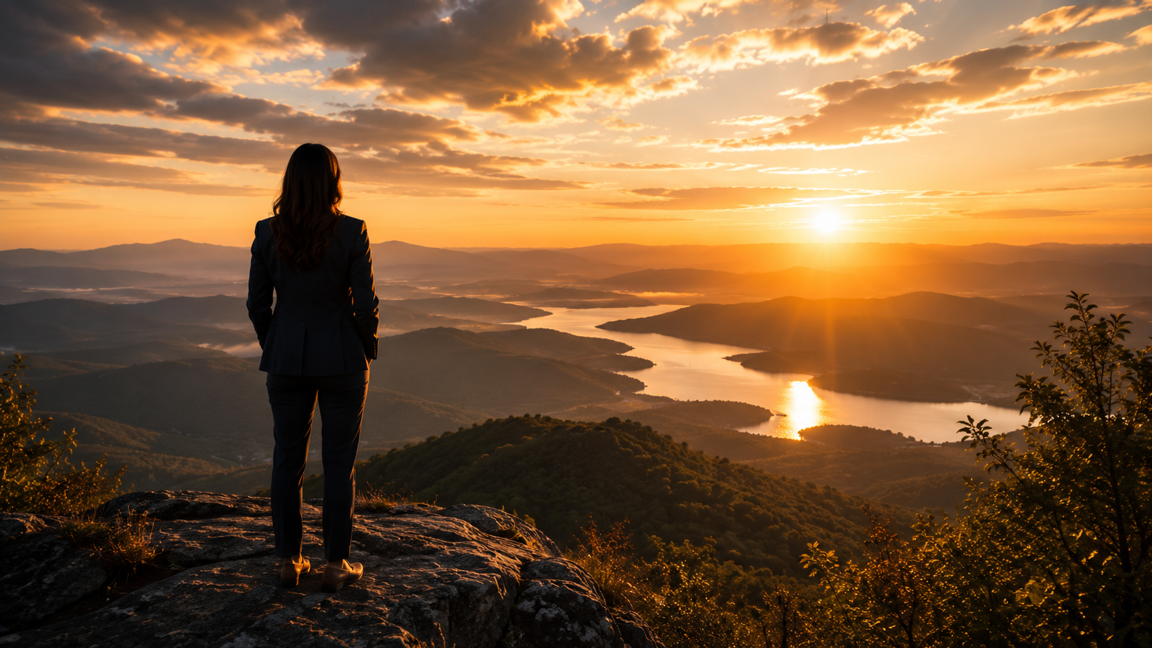 A leader overlooking a vast mountain landscape at sunrise, reflecting on long-term vision, growth, and the future impact of leadership decisions.