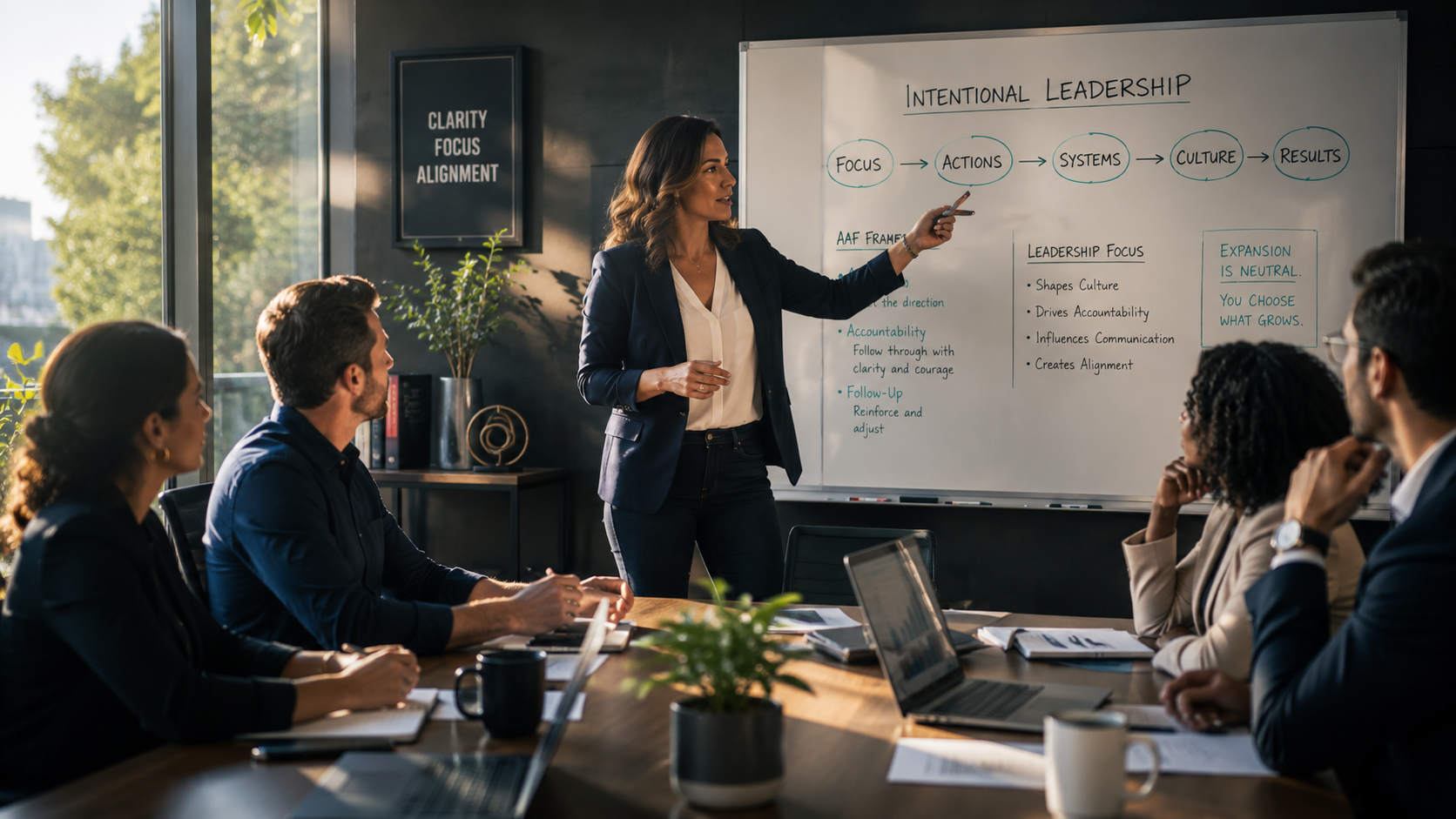 A business leader guiding a team through a strategic discussion in a conference room, demonstrating intentional leadership, accountability, alignment, and organizational direction.