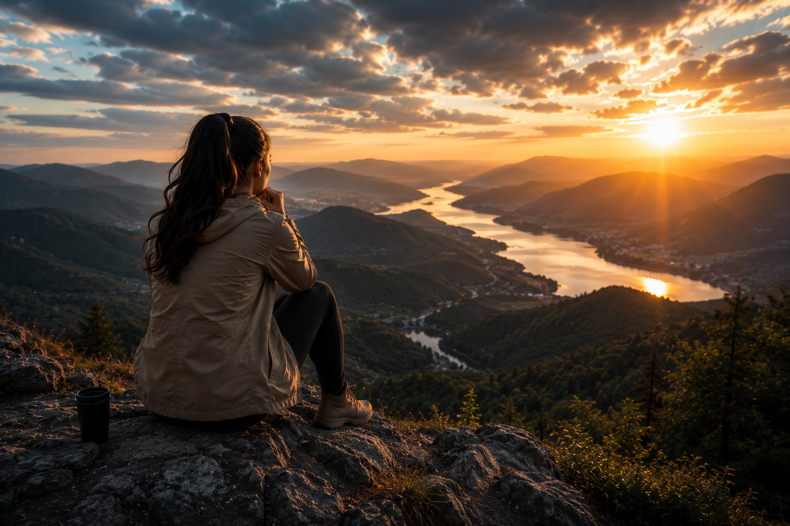A leader sitting quietly on a rocky overlook at sunset, reflecting on a river winding through a mountain valley, symbolizing awareness, perspective, and intentional leadership.