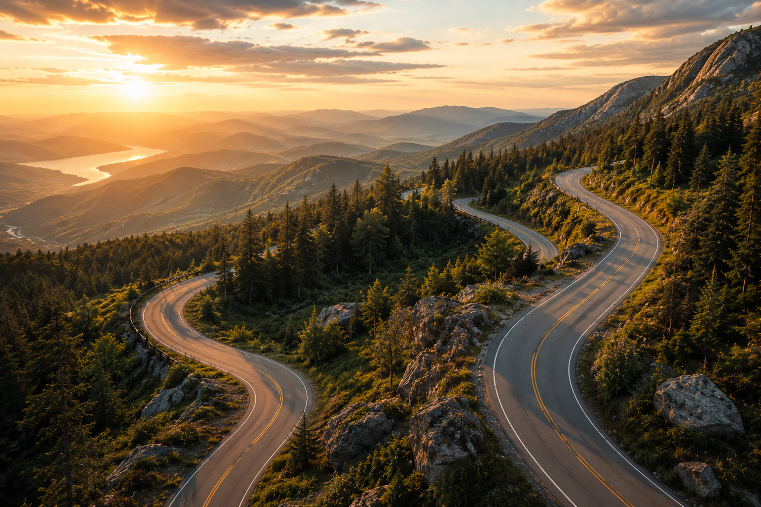 A winding mountain road illuminated by golden sunlight as it curves through forests and valleys, representing leadership growth through unfamiliar paths and unexpected opportunities.