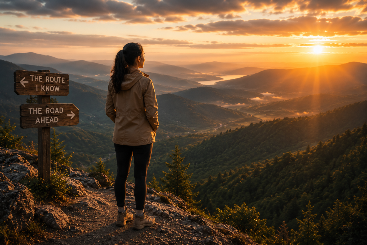 A professional woman standing on a mountain overlook at sunrise, looking across a vast valley while a signpost points toward a familiar route and an unknown road ahead.