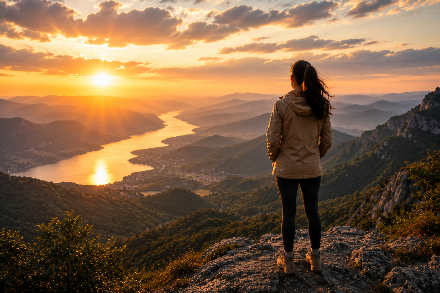 A professional woman standing on a mountain cliff at sunrise overlooking a winding river and expansive valley, representing trust, leadership resilience, and growth through uncertainty.