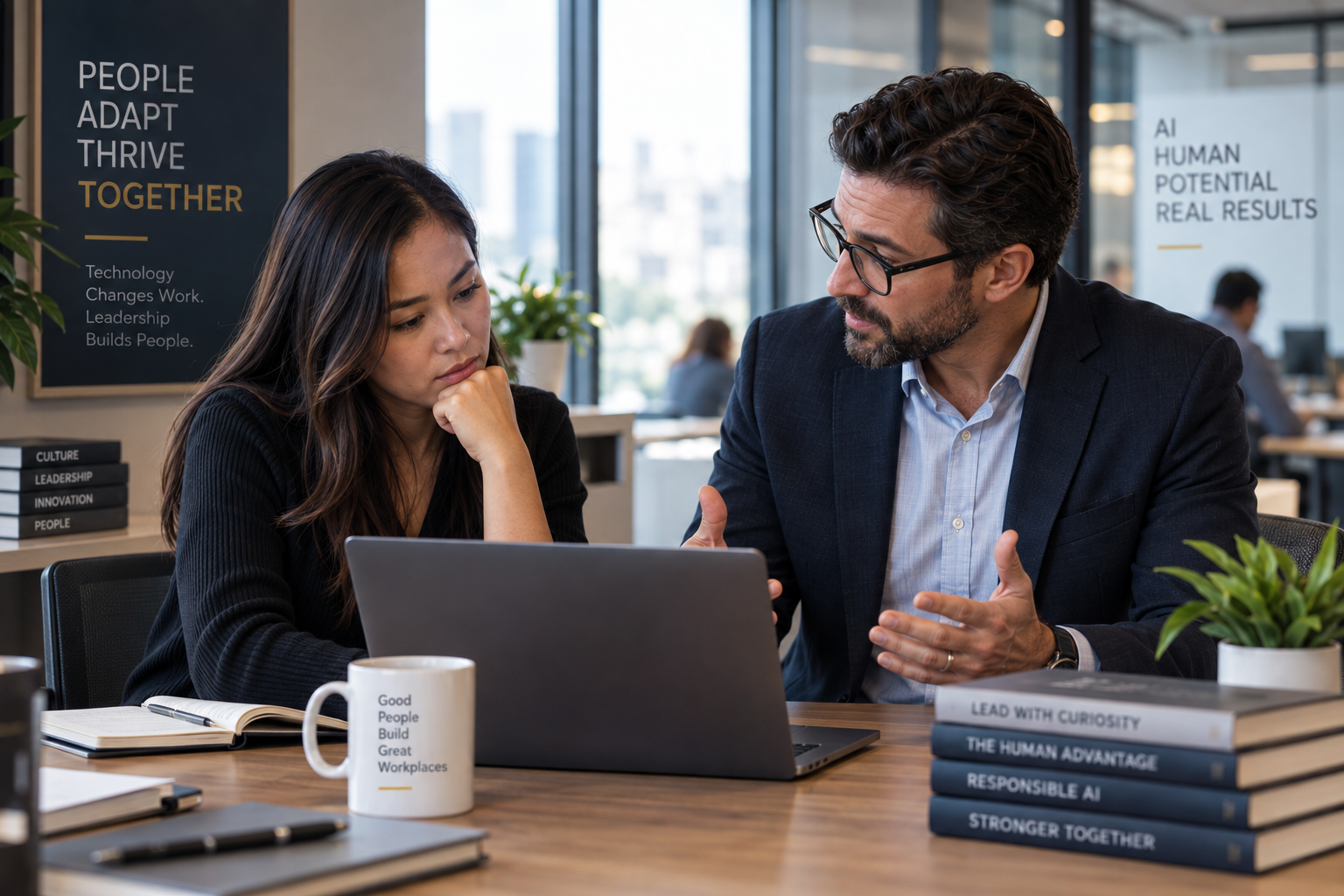 Manager coaching an employee through concerns about AI adoption during a one-on-one workplace conversation. Manager coaching an employee through concerns about AI adoption during a one-on-one workplace conversation.