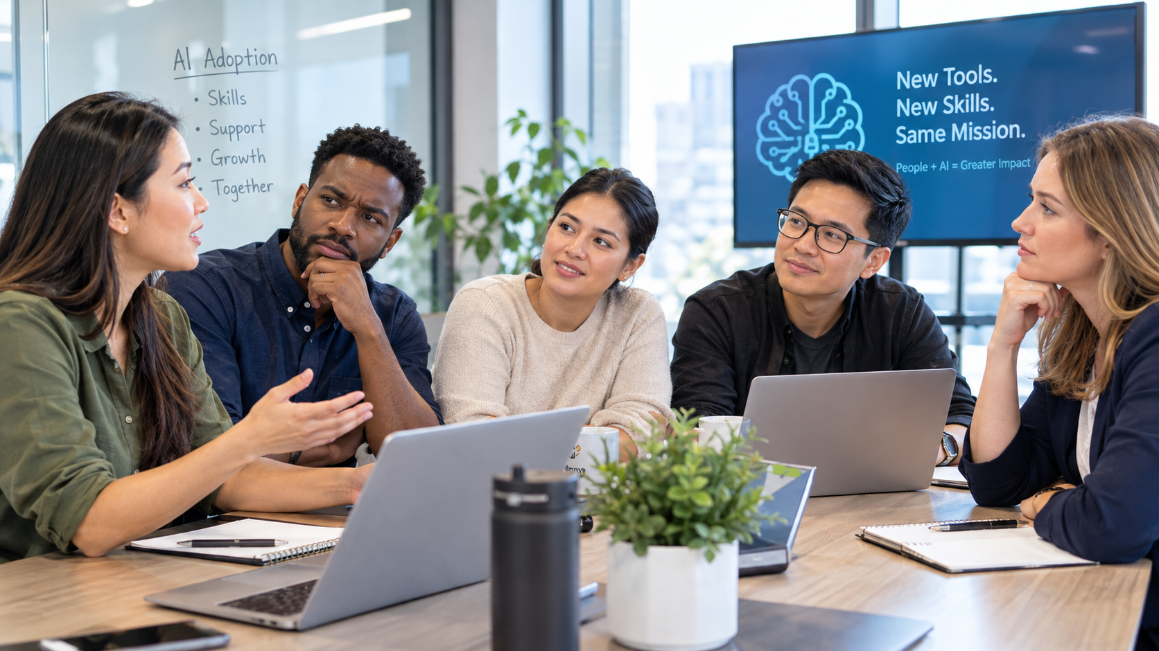 Diverse employees discussing AI adoption during a team meeting, showing different reactions to new technology, workplace change, and leadership expectations. Diverse employees discussing AI adoption during a team meeting, showing different reactions to new technology, workplace change, and leadership expectations.