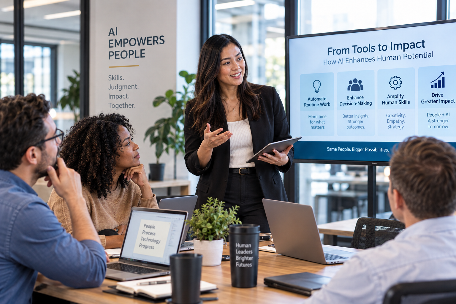 Team leader presenting how AI can support human skills, decision-making, and workplace performance during a collaborative employee discussion. Team leader presenting how AI can support human skills, decision-making, and workplace performance during a collaborative employee discussion.