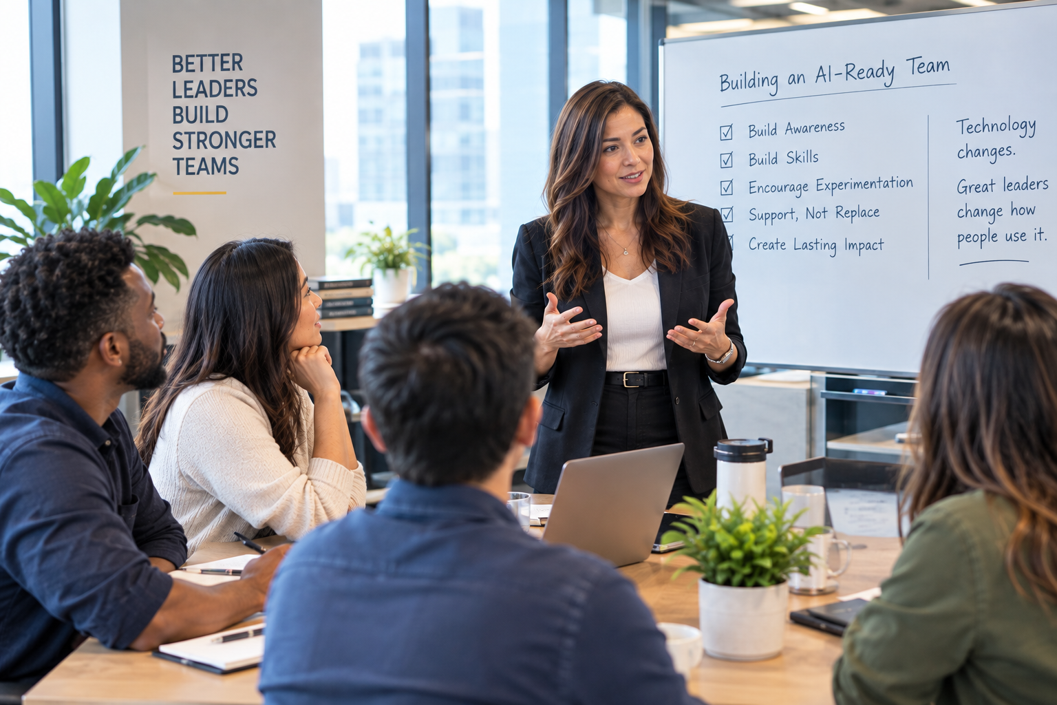 Leadership team discussing AI readiness, employee development, and responsible adoption during a collaborative workplace strategy session. Leadership team discussing AI readiness, employee development, and responsible adoption during a collaborative workplace strategy session.