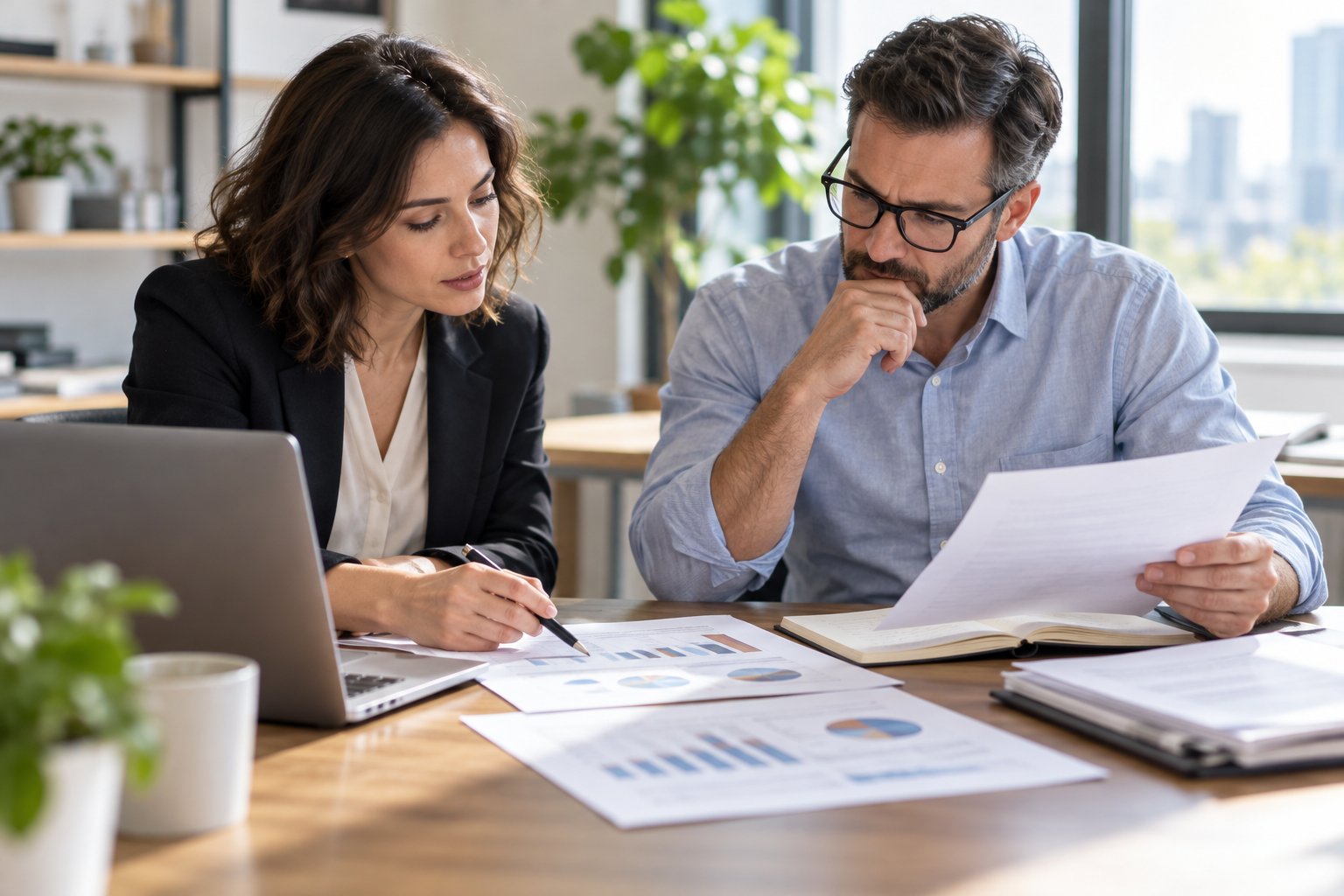 Two colleagues checking source documents against AI-supported work on a laptop