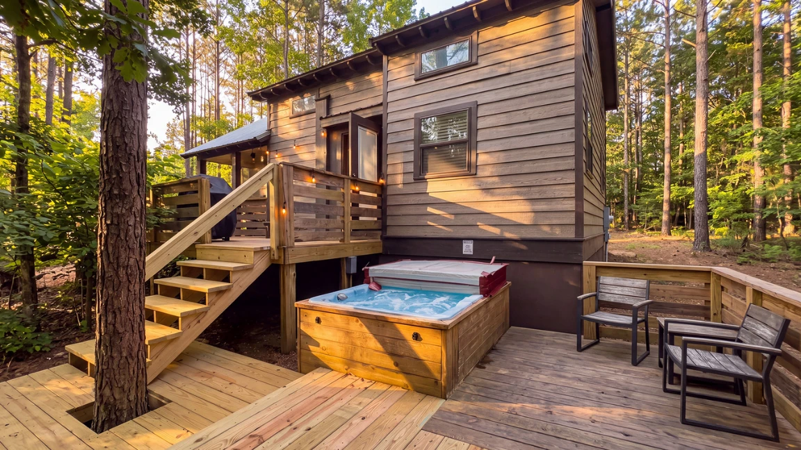 Canyon Falls cabin exterior with a hot tub on the deck