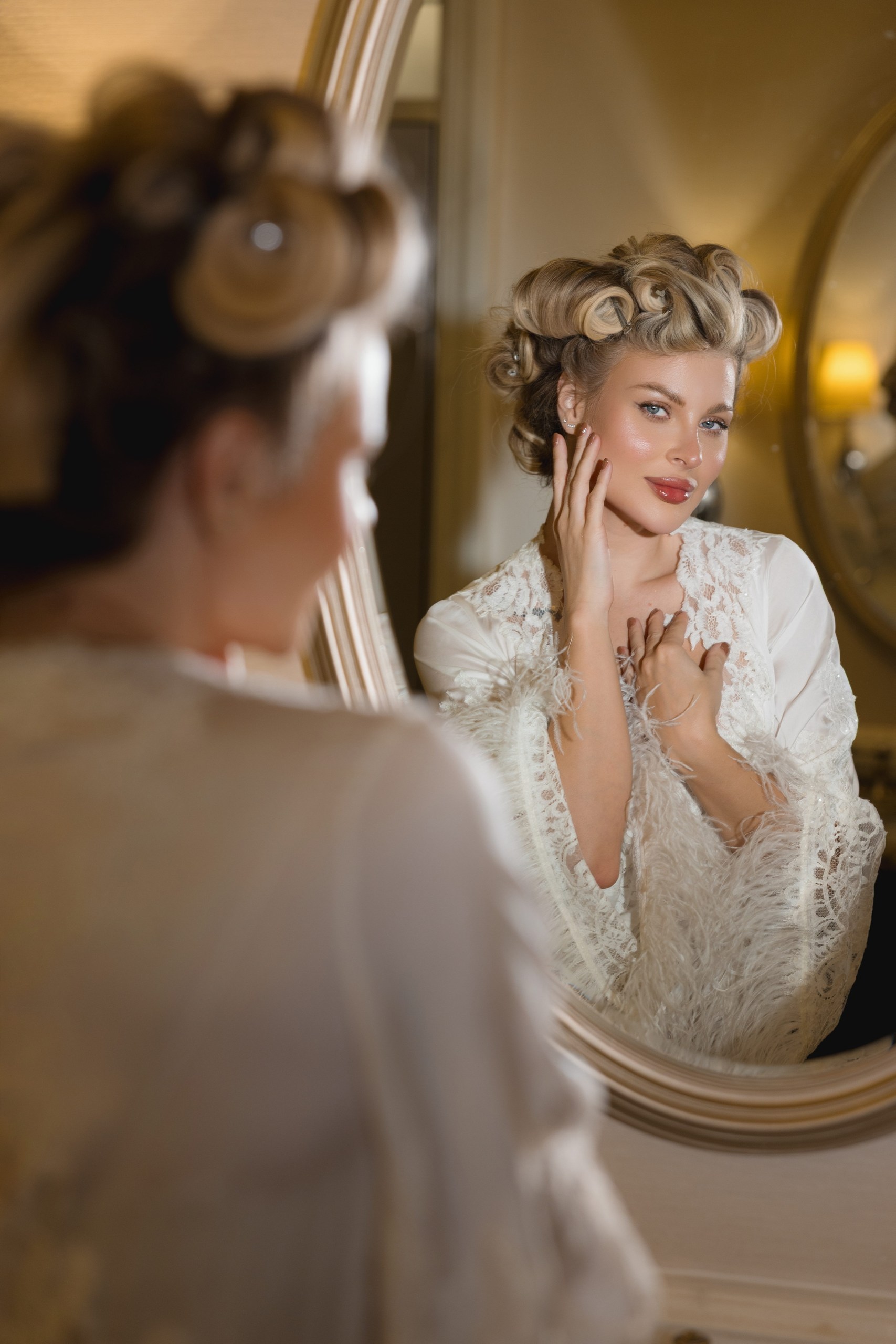 Lubov Lisitsa photographing a bride during bridal morning preparations, elegant bridal portrait in a lace robe reflected in a mirror, luxury wedding photography, editorial bridal inspiration, destination wedding photographer. Lubov Lisitsa photographing a bride during bridal morning preparations, elegant bridal portrait in a lace robe reflected in a mirror, luxury wedding photography, editorial bridal inspiration, destination wedding photographer.