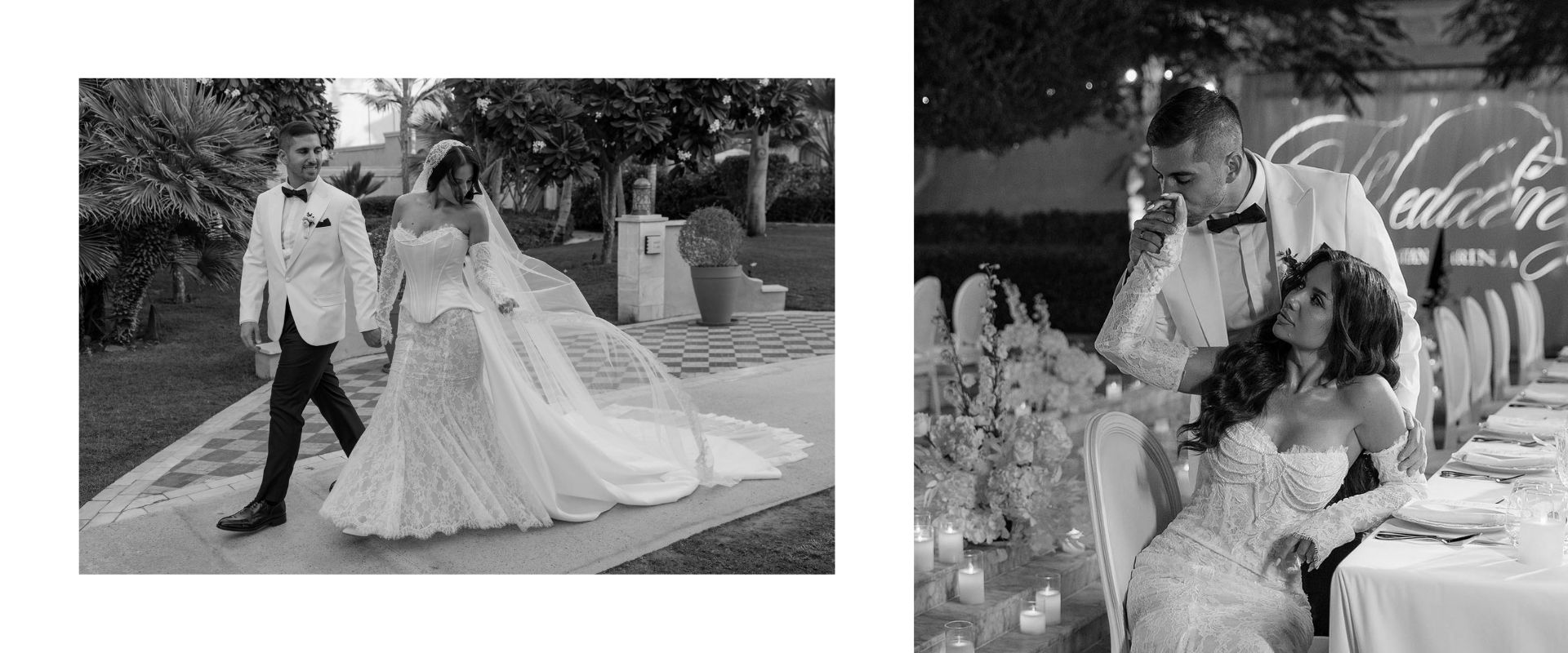 Elegant black and white wedding portrait of a bride and groom by Lubov Lisitsa, wedding photographer available in Warsaw.