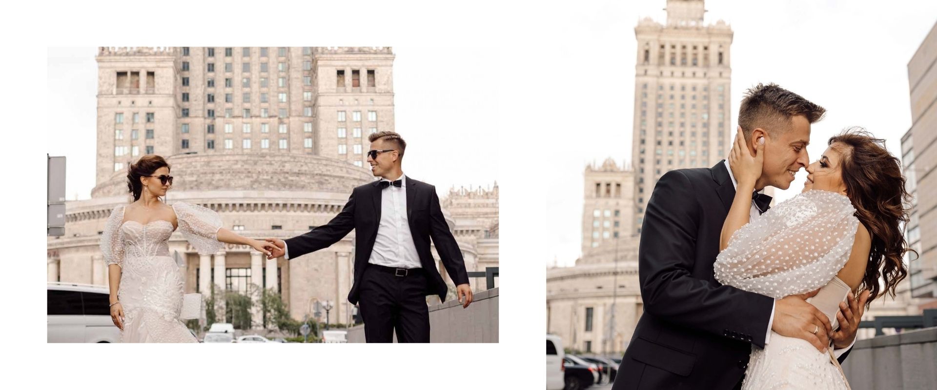 Wedding couple photoshoot in central Warsaw near the Palace of Culture and Science, photographed by Lubov Lisitsa.