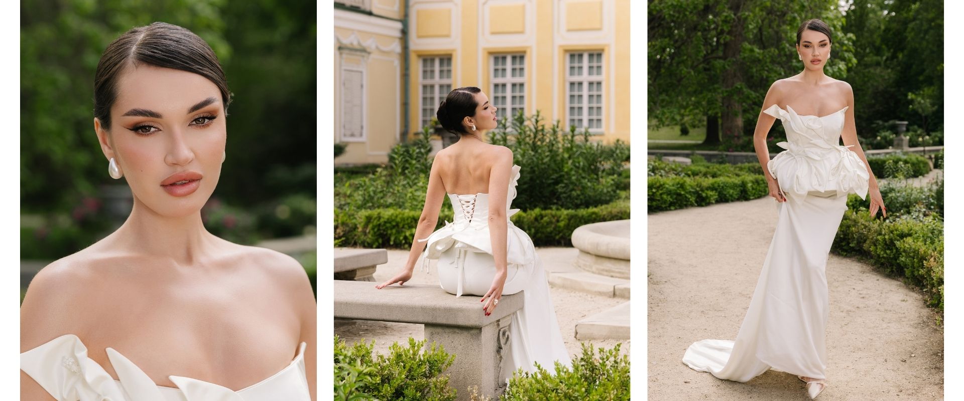 Elegant bridal portrait at Wilanów Palace gardens in Warsaw, photographed by Lubov Lisitsa.