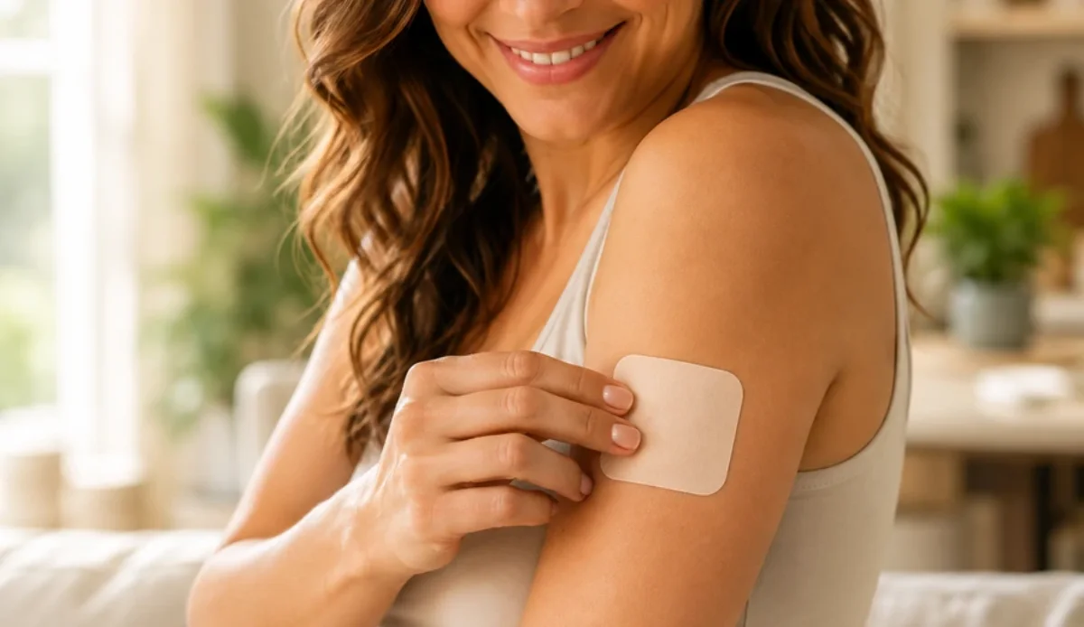 Woman applying a small transdermal patch to her upper arm