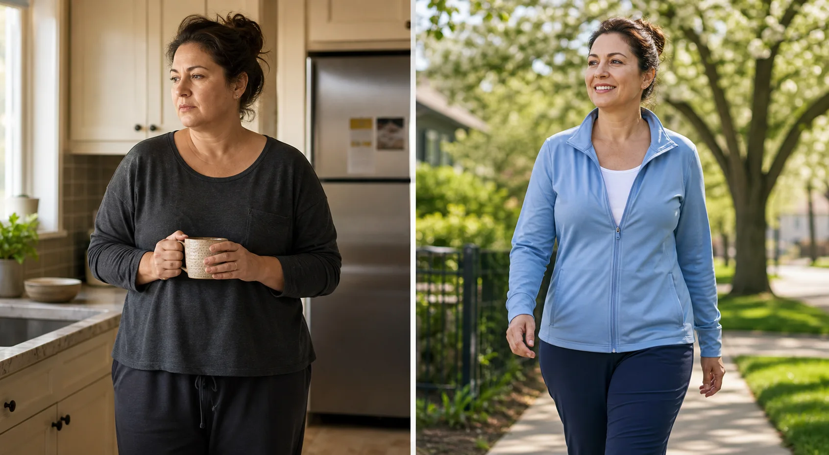 Illustrative progress concept showing the same woman in different clothes and settings