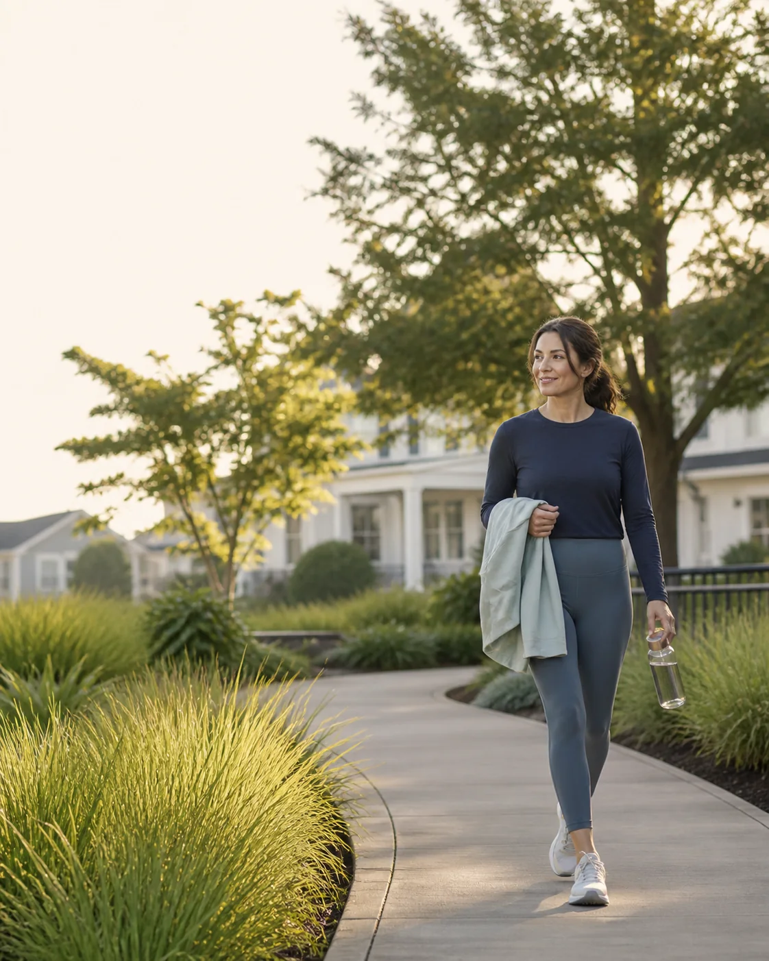 Woman enjoying an energized morning walk as part of a sustainable routine