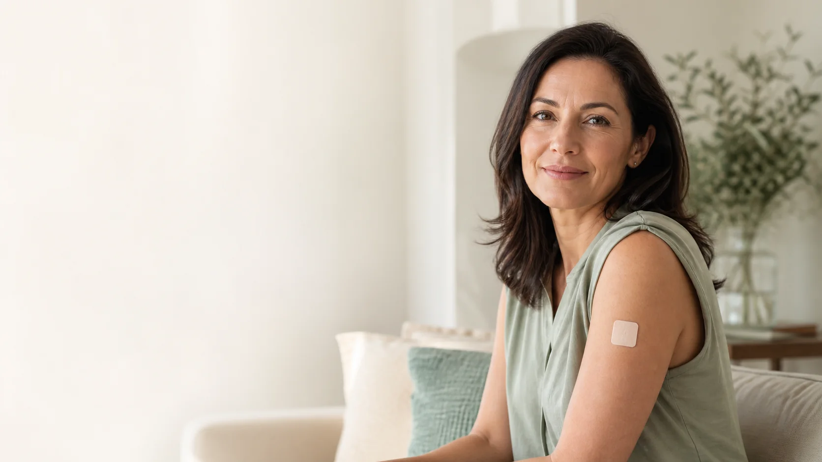 Woman wearing a discreet transdermal patch on her upper arm at home