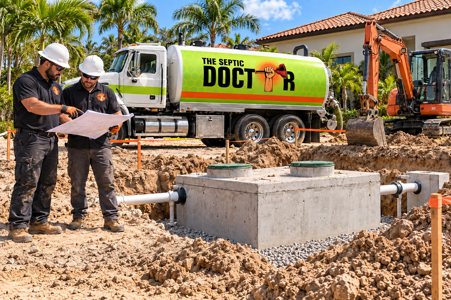The Septic Doctor crew reviewing a project blueprint in front of the service truck