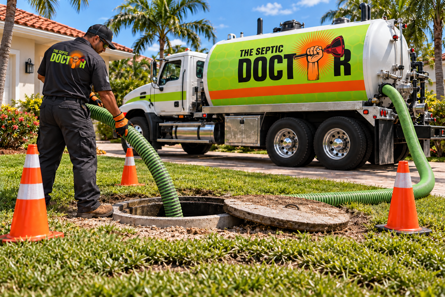 The Septic Doctor crew pumping out a septic tank with a vacuum hose
