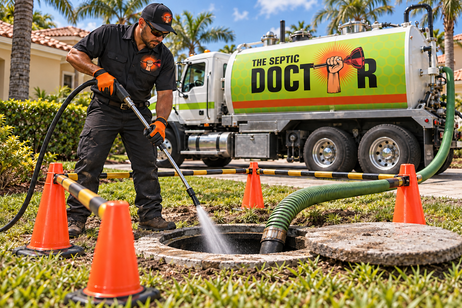 A septic technician pumping out a concrete septic tank with a vacuum hose