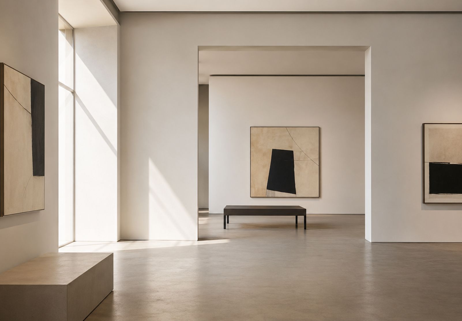 Minimalistische Galeriearchitektur mit zeitgenössischen abstrakten Kunstwerken und natürlichem Licht — ruhige Editorial-Atmosphäre für Themen rund um Kunstmarkt, Sichtbarkeit und kulturelle Positionierung.