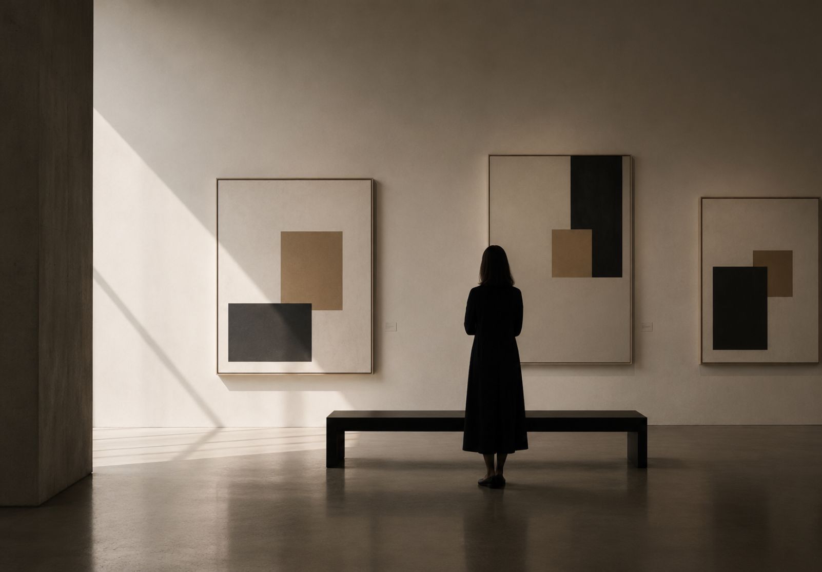 Kontemplative Person in minimalistischer Galerie mit zeitgenössischen abstrakten Kunstwerken und ruhiger Lichtstimmung — Editorialbild für Themen rund um Sichtbarkeit, Kunstmarkt und kulturelle Positionierung.