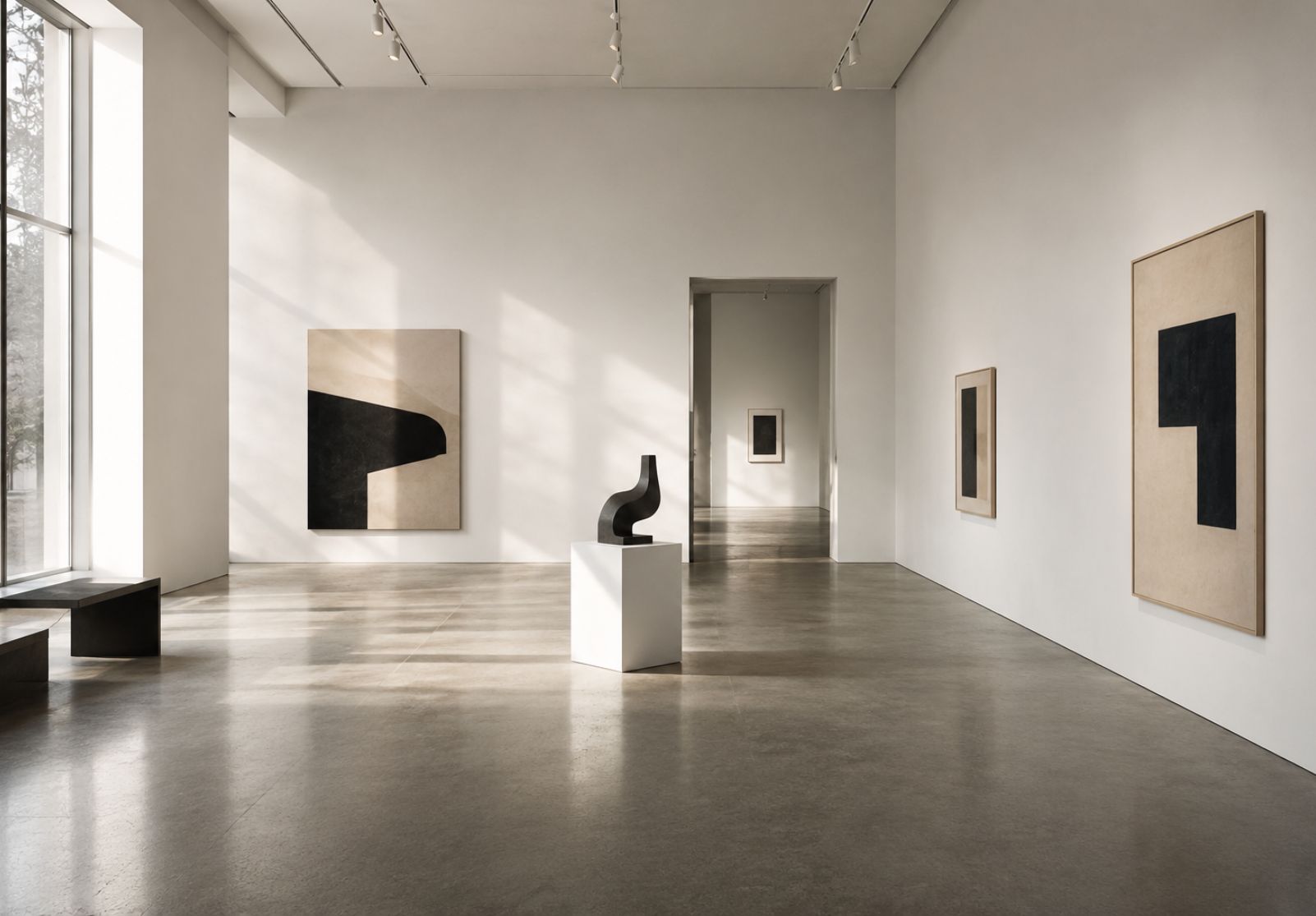 Minimalistische zeitgenössische Galeriearchitektur mit abstrakten Kunstwerken, skulpturalem Objekt und ruhiger Lichtstimmung — Editorialbild für Galerie Sichtbarkeit, kulturelle Positionierung und digitale Reputation im Kunstmarkt.