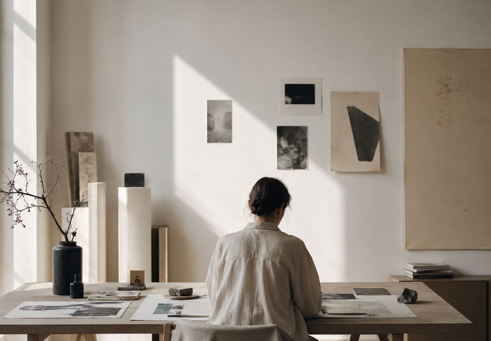 Ruhiger Arbeitsplatz einer kreativen Marke mit kuratierten Materialien, Kunstwerken und natürlichem Licht — Symbolbild für strategische Positionierung und Markenentwicklung.