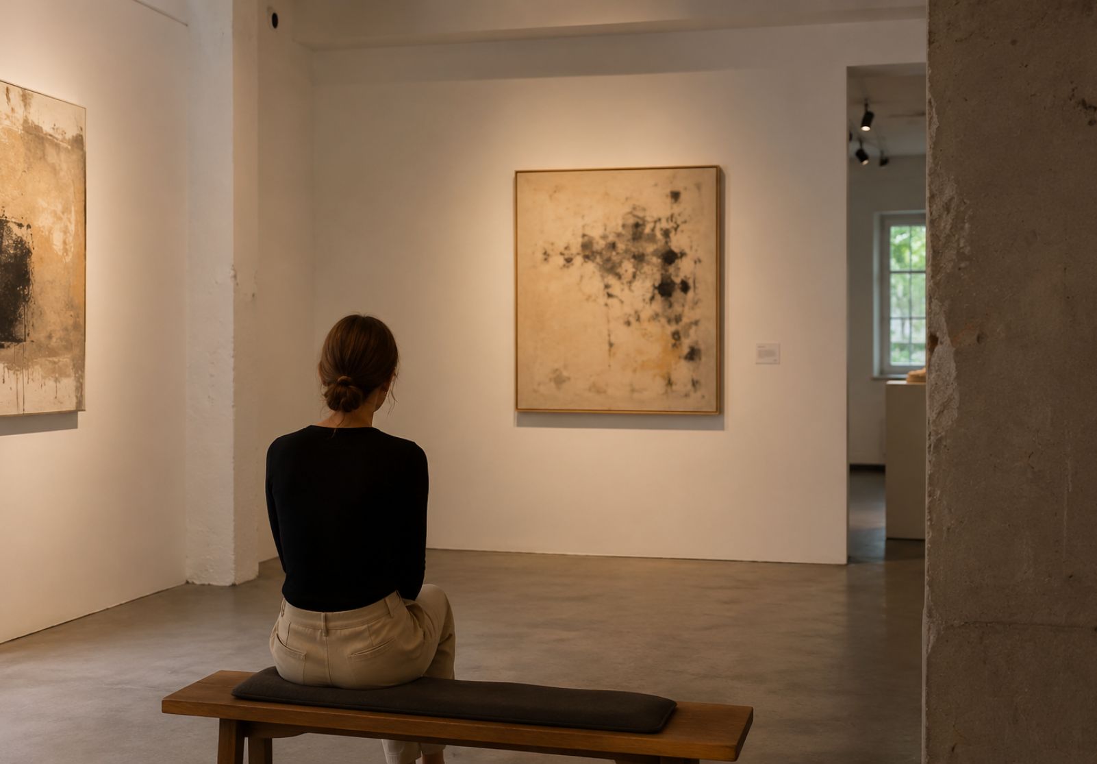 Minimalistische Kunstgalerie mit sitzender Besucherin vor abstrakten Gemälden in warmem Licht und ruhiger, kuratierter Atmosphäre. Minimalistische Kunstgalerie mit sitzender Besucherin vor abstrakten Gemälden in warmem Licht und ruhiger, kuratierter Atmosphäre.
