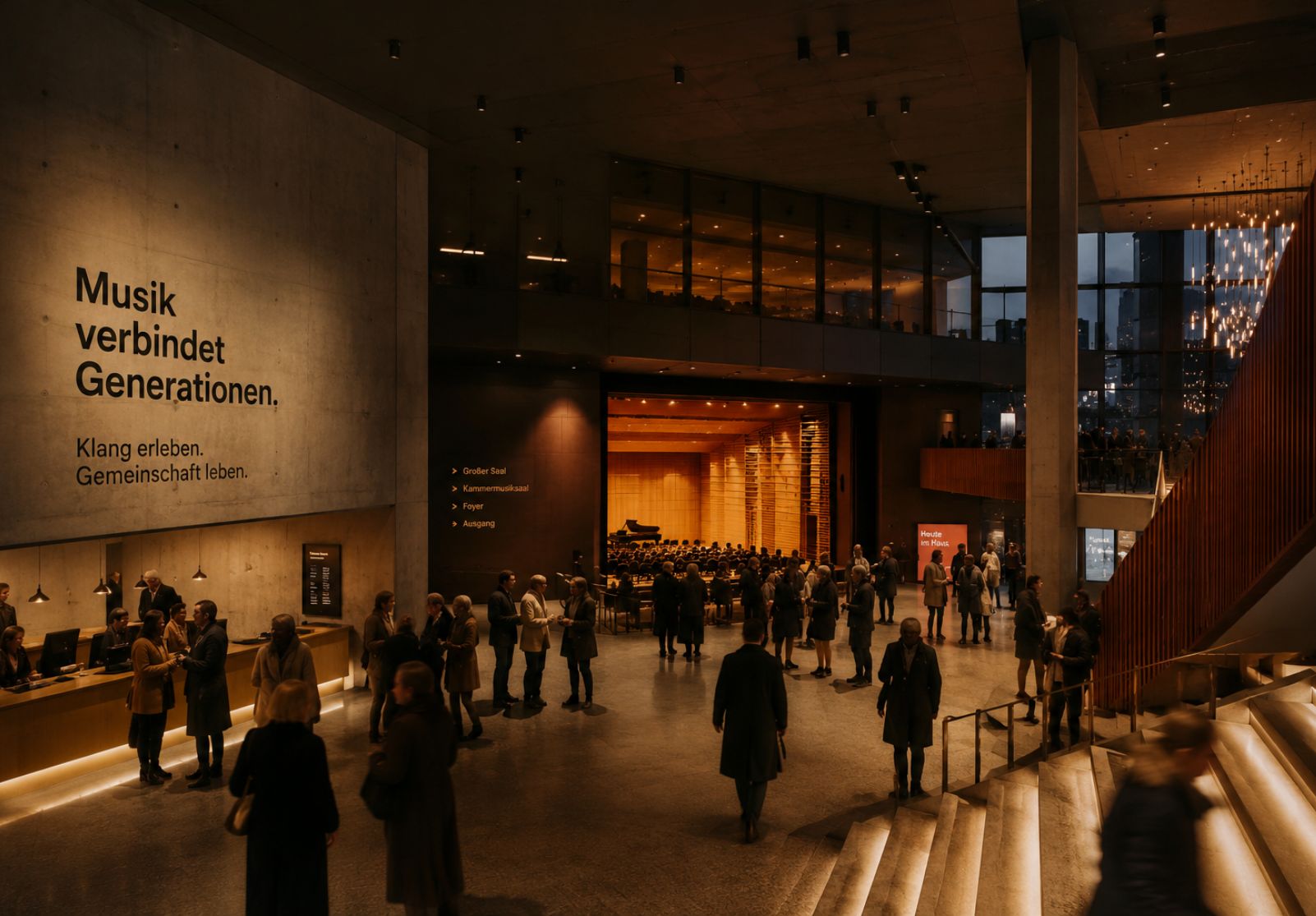 Lichtdurchfluteter moderner Kulturraum mit Menschen, Cafébereich und offener Architektur als Symbol für neue Zielgruppen, Begegnung und digitale Sichtbarkeit. Lichtdurchfluteter moderner Kulturraum mit Menschen, Cafébereich und offener Architektur als Symbol für neue Zielgruppen, Begegnung und digitale Sichtbarkeit.
