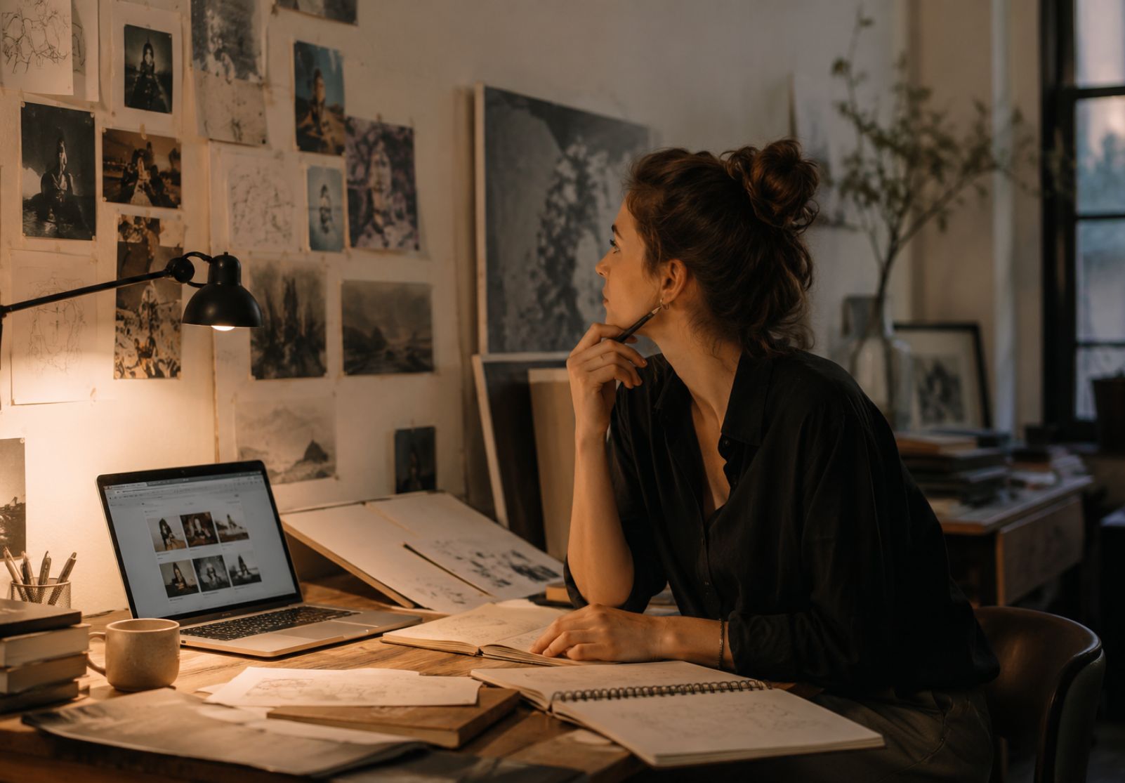 Kreative Person in einem ruhigen Atelier zwischen Skizzen, Laptop und analogen Arbeiten – Symbol für langfristige Künstler Sichtbarkeit, strategische Positionierung und digitale Präsenz im Kunstmarkt.