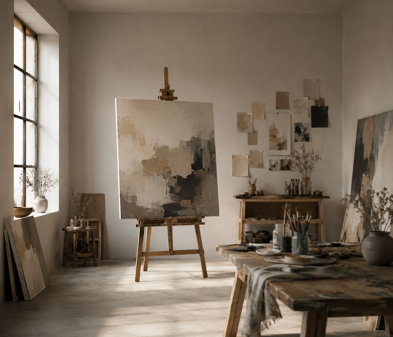 Minimalistisches Künstleratelier mit abstraktem Gemälde auf Staffelei, warmem Tageslicht, Arbeitsmaterialien und ruhiger kreativer Atmosphäre als Symbol für künstlerische Positionierung und strategische Sichtbarkeit.