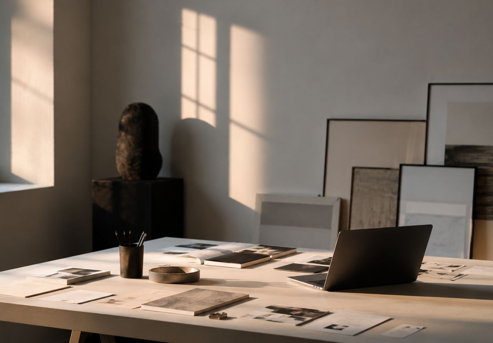 Minimalistischer Arbeitsplatz mit Laptop, Kunstbüchern und Druckproben im warmen Licht als Symbol für digitale Sichtbarkeit und Kulturmarketing.