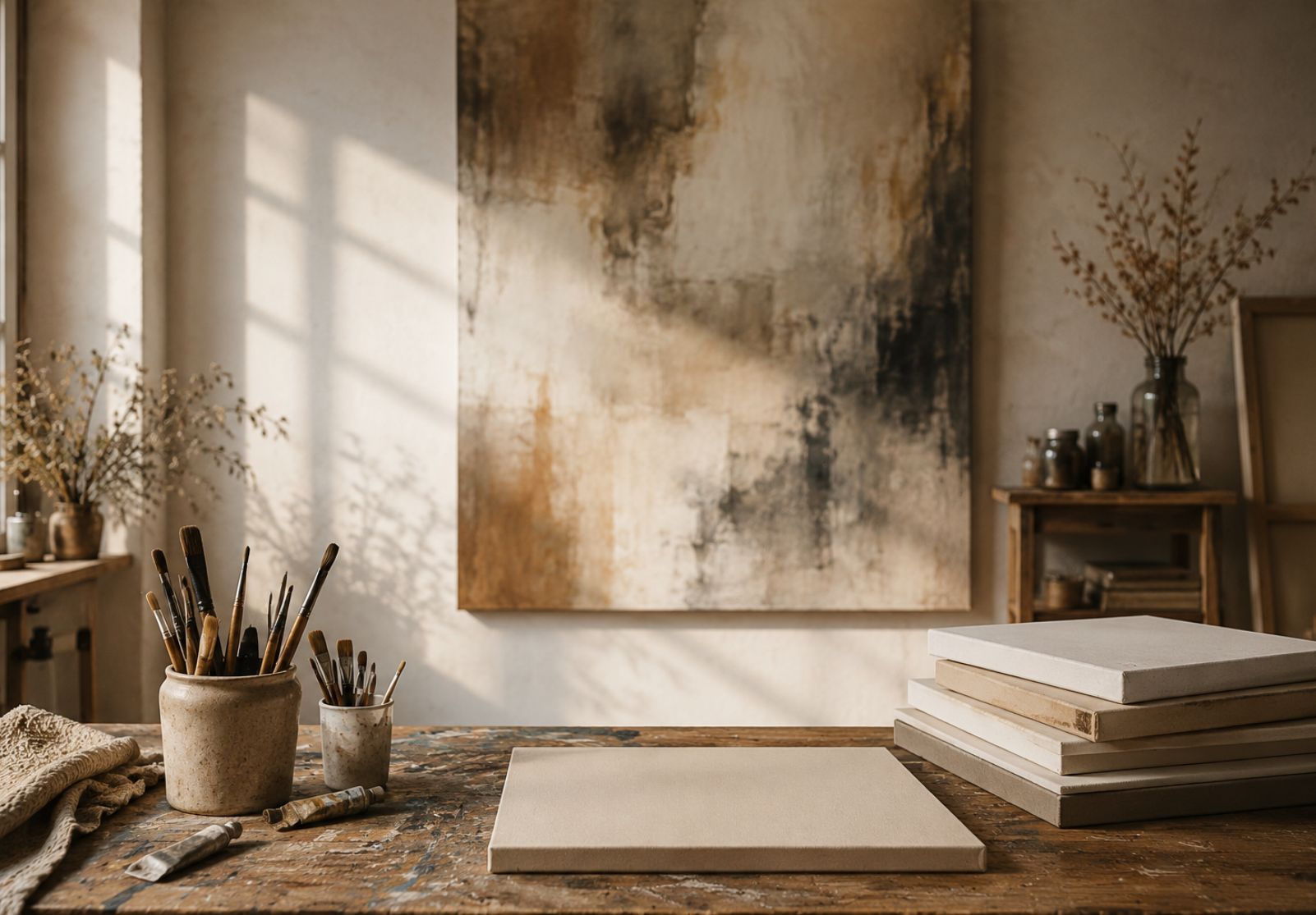 Minimalistisches Künstleratelier mit abstraktem Gemälde, Pinseln, Leinwänden und warmem Seitenlicht als Symbol für künstlerische Positionierung und Wert im Kunstmarkt.