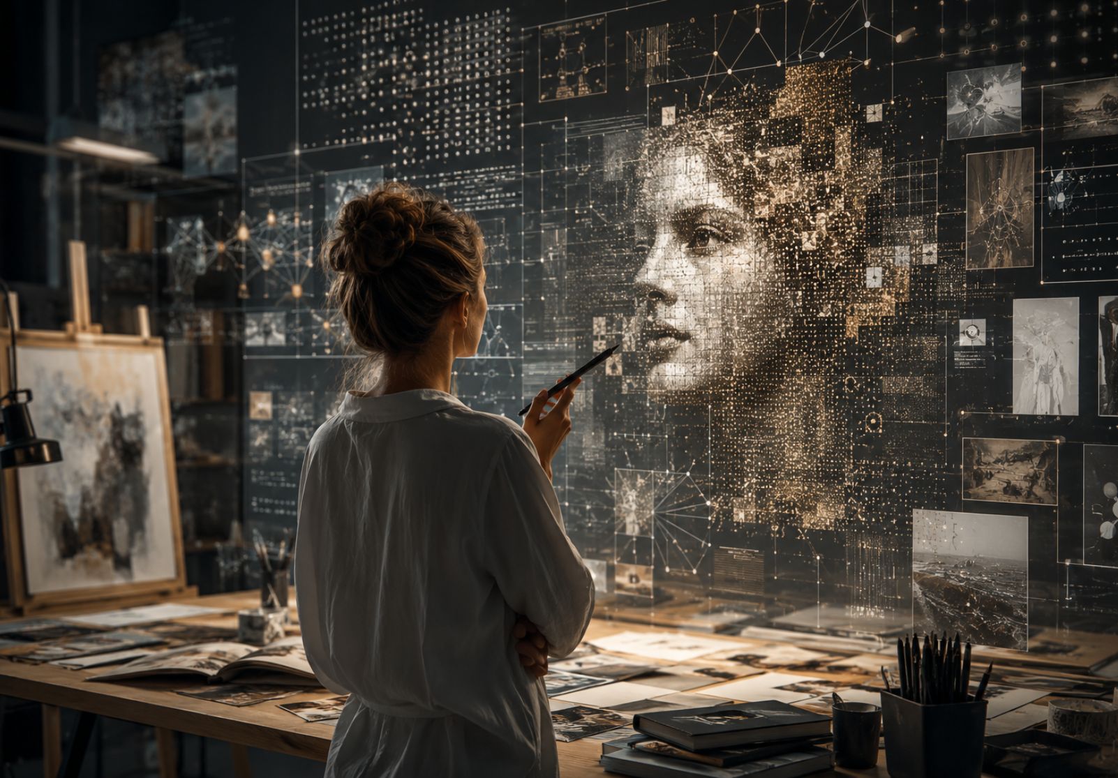 Künstlerin analysiert eine digitale KI-Visualisierung im Atelier als Symbol für künstliche Intelligenz, kreative Sichtbarkeit und digitale Kunst im Kulturmarketing.
