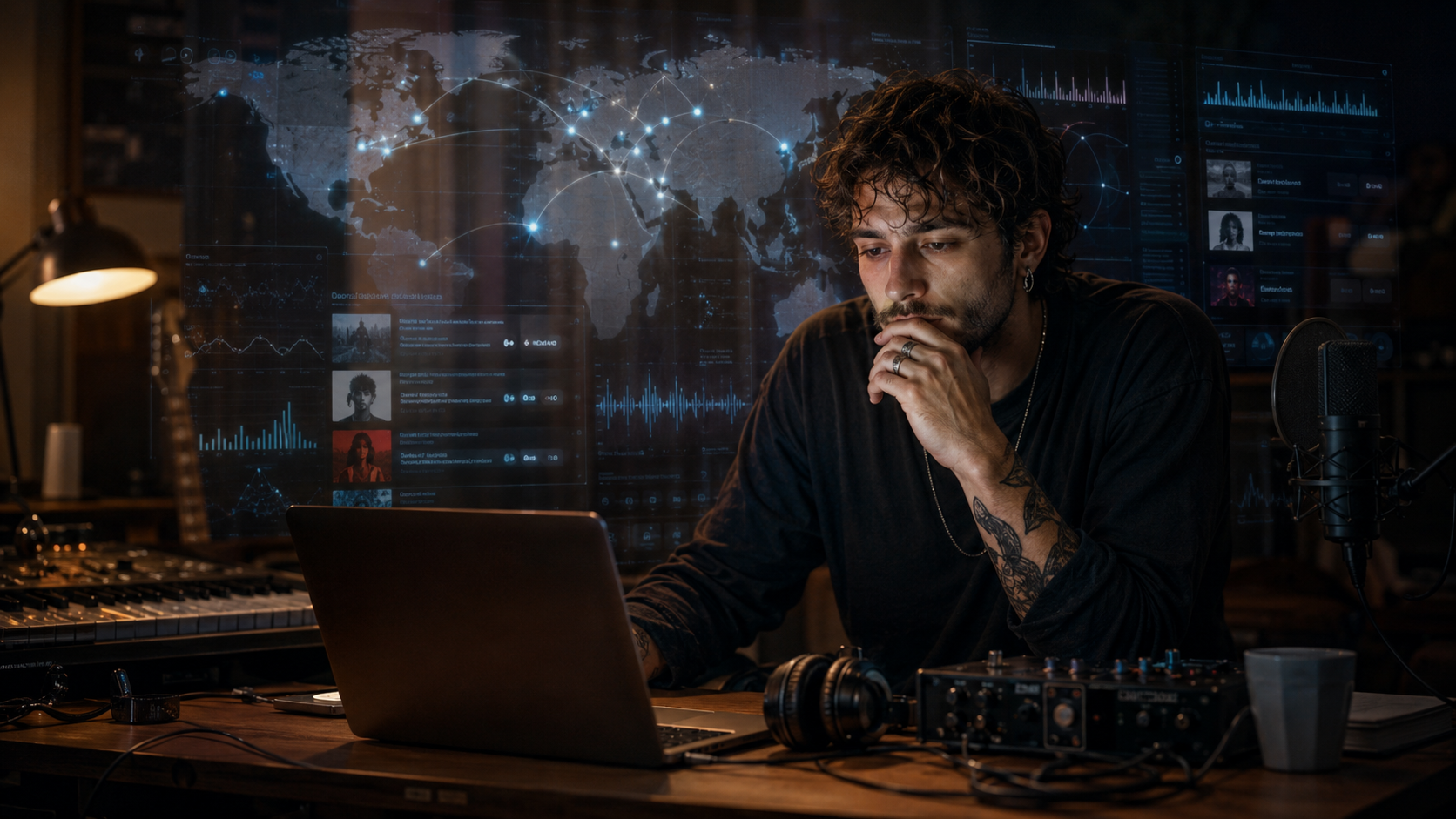 Musiker im Tonstudio vor Laptop, Mikrofon und digitalen Streaming-Daten als Symbol für globale Musiksichtbarkeit, Algorithmusdruck und die Veränderung des Musikmarkts durch Streaming.