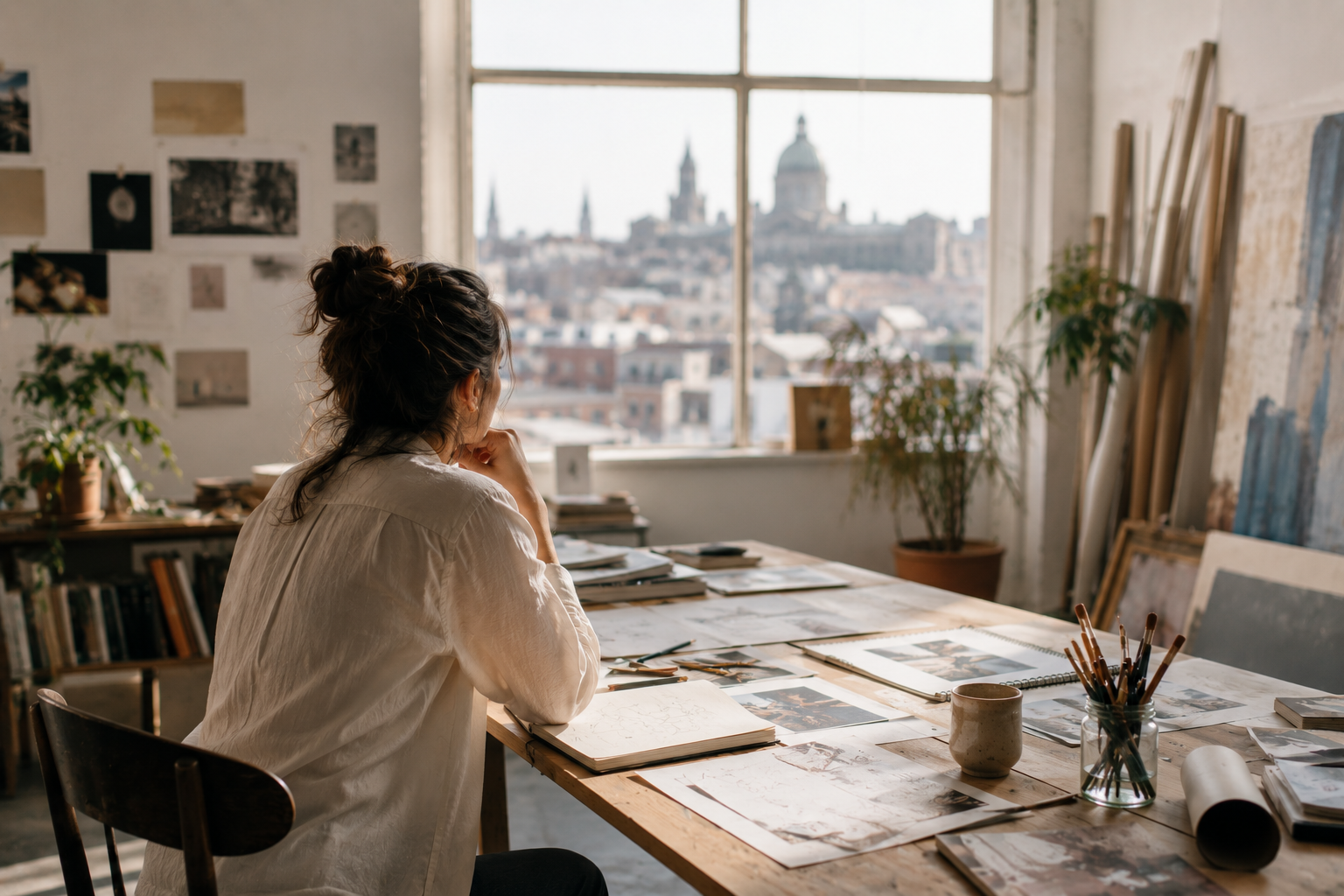 Künstlerin in hellem Atelier mit Stadtblick, Skizzen und Arbeitsmaterialien als Symbol für Residency-Programme, kreative Entwicklung und internationale Sichtbarkeit.