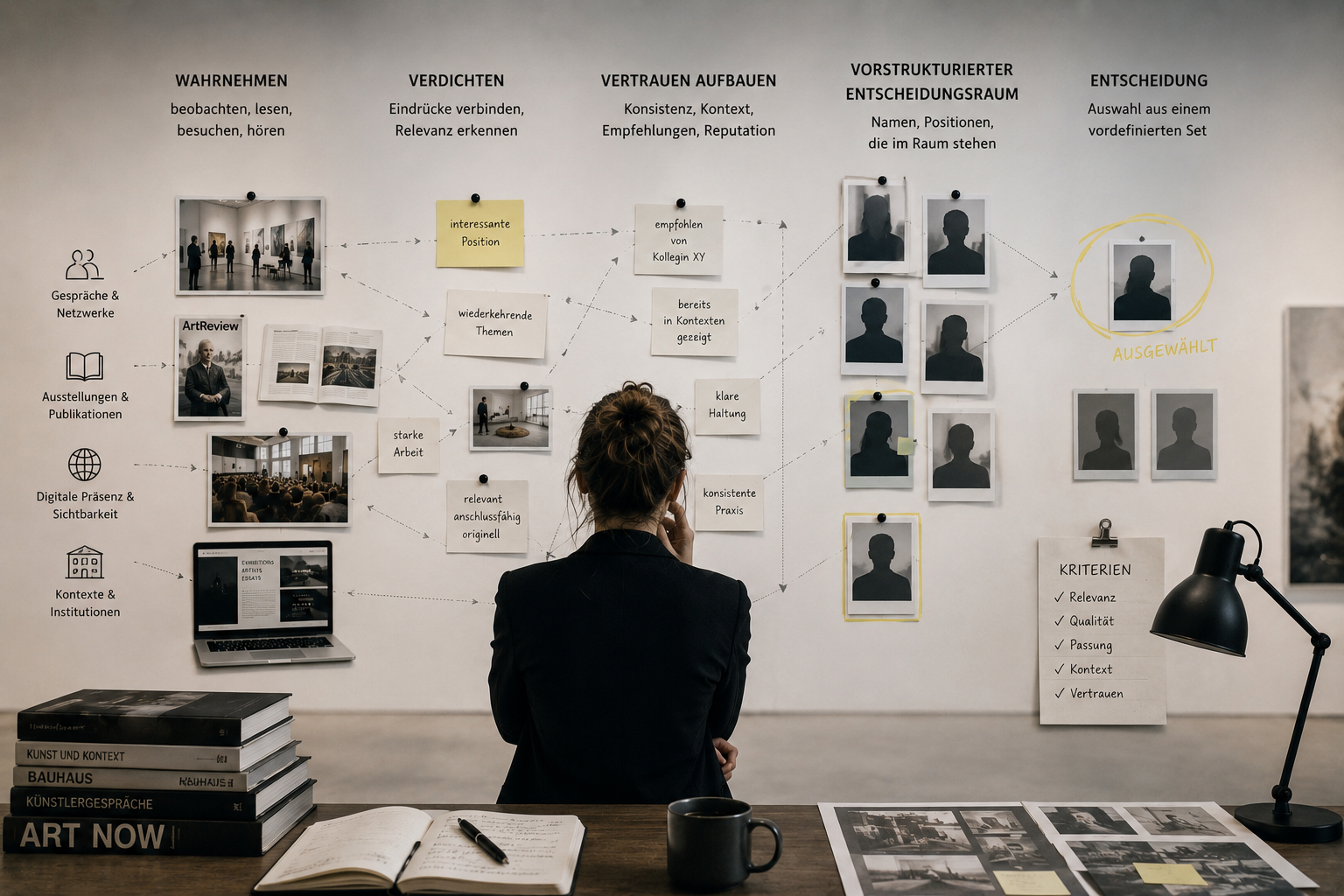 Person in einer Galerie vor einer visuellen Entscheidungswand mit Notizen, Bildern und Auswahlwegen als Symbol dafür, wie kulturelle Entscheidungen im Kunstmarkt durch Beobachtung, Vertrauen, Reputation und Sichtbarkeit entstehen.