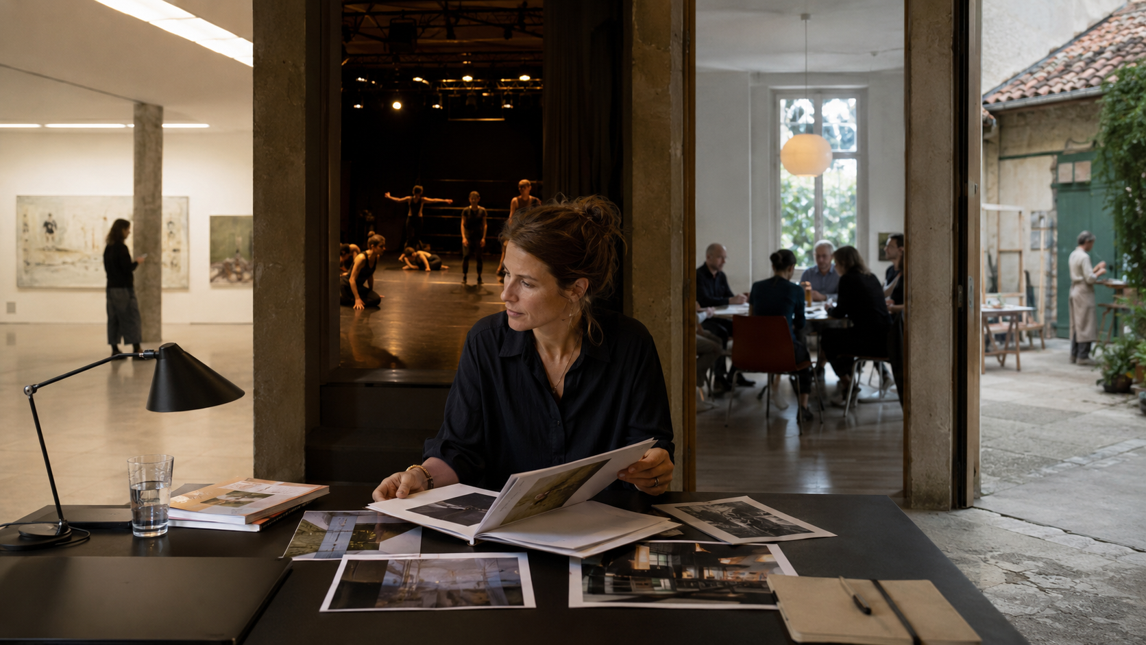 Kuratorin prüft Unterlagen in einem Kulturhaus mit Galerie, Bühne, Gremium und Residency-Ort als Symbol für unterschiedliche Institutionstypen und Entscheidungsprozesse im Kunstmarkt.